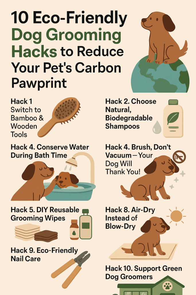 10 Eco-Friendly Dog Grooming Hacks Infographic showing bamboo brushes, natural shampoos, reusable wipes, composting dog hair, and sustainable pet care tips