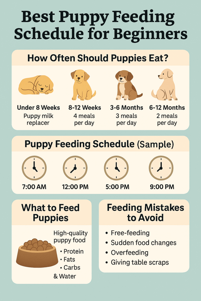 Best Puppy Feeding Schedule for Beginners infographic showing puppy feeding times, portion sizes, and tips for healthy puppy growth