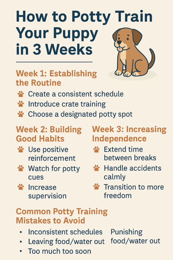 How to potty train your puppy in 3 weeks infographic showing weekly schedule, crate training tips, and common potty training mistakes