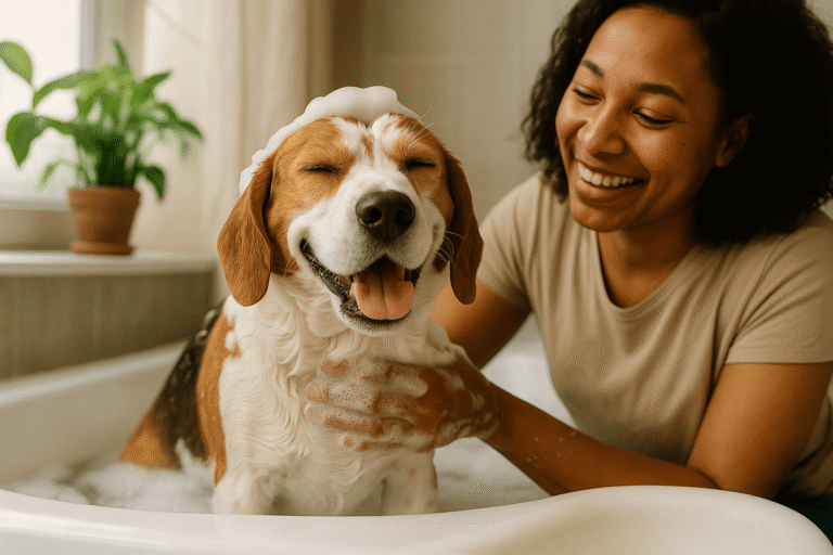 Samoyed dog enjoying a bath with Washatail eco-friendly vegan dog shampoo sheets