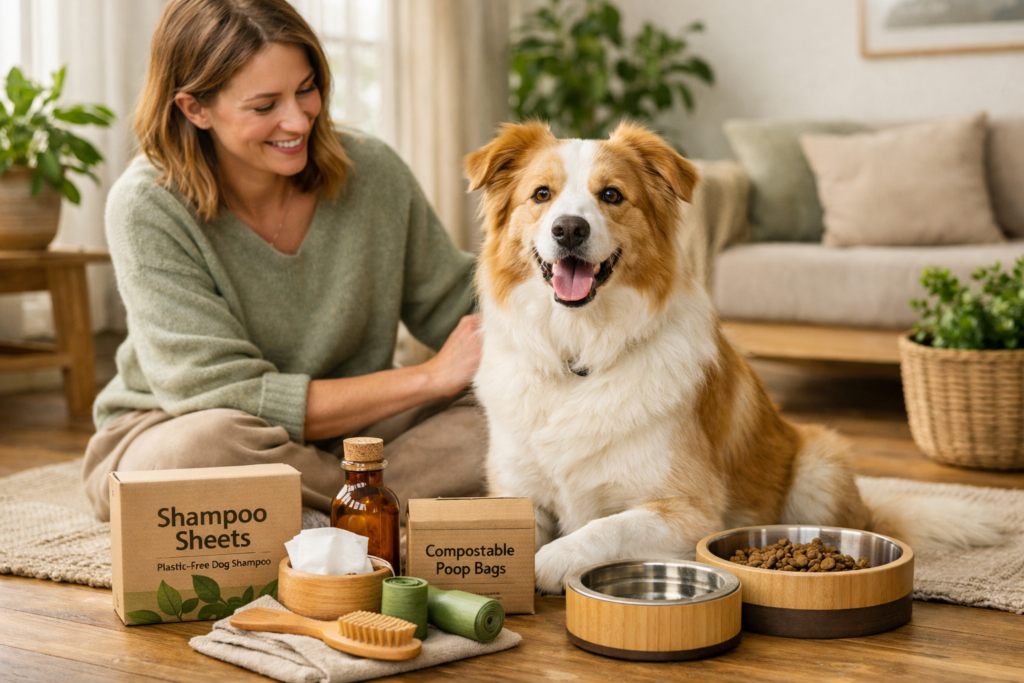 Sustainable dog care swaps for UK dog owners including plastic-free dog shampoo and eco-friendly grooming tools